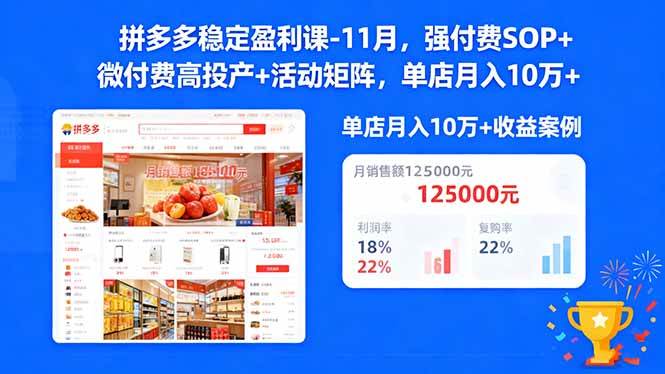 (11.13)拼多多稳定盈利课-11月，强付费SOP+微付费高投产+活动矩阵，单店月入10w+
